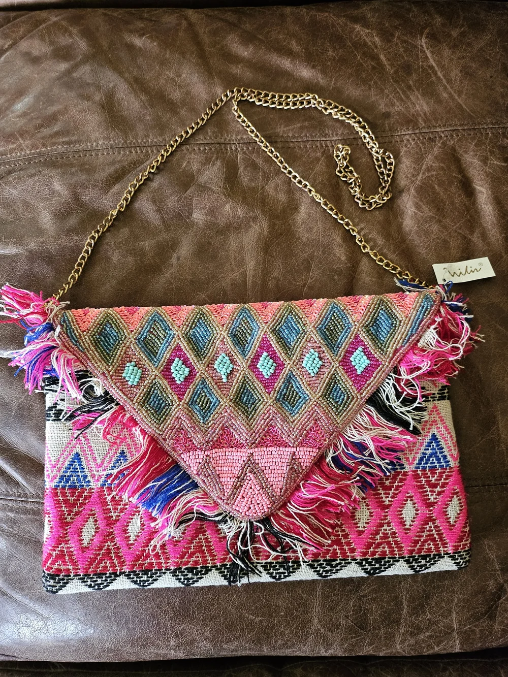 Pink Multicolor Beaded Fringe Shoulder Clutch